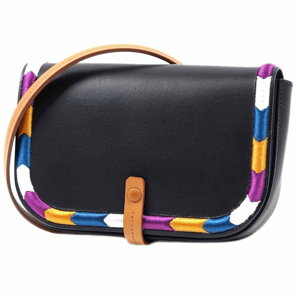 IL Bisonte Piccarda Italian Black Leather Crossbody Bag Embroidered 10.5" long